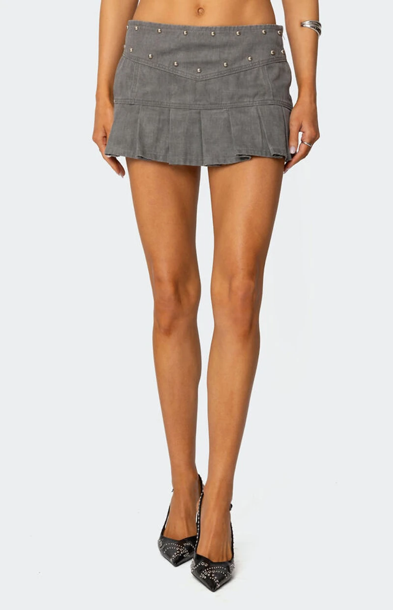 Edikted Stud Pleated Denim Mini Skirt