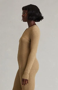 Fear of God ESSENTIALS Women's Dune Signature Ribbed Knit Long Sleeve Zip Up Top