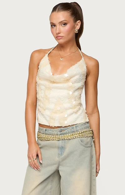 Edikted Reid Backless Sequin Cowl Neck Top