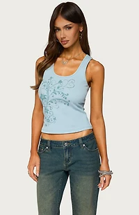 Edikted Veila Rhinestone Ribbed Graphic Tank Top