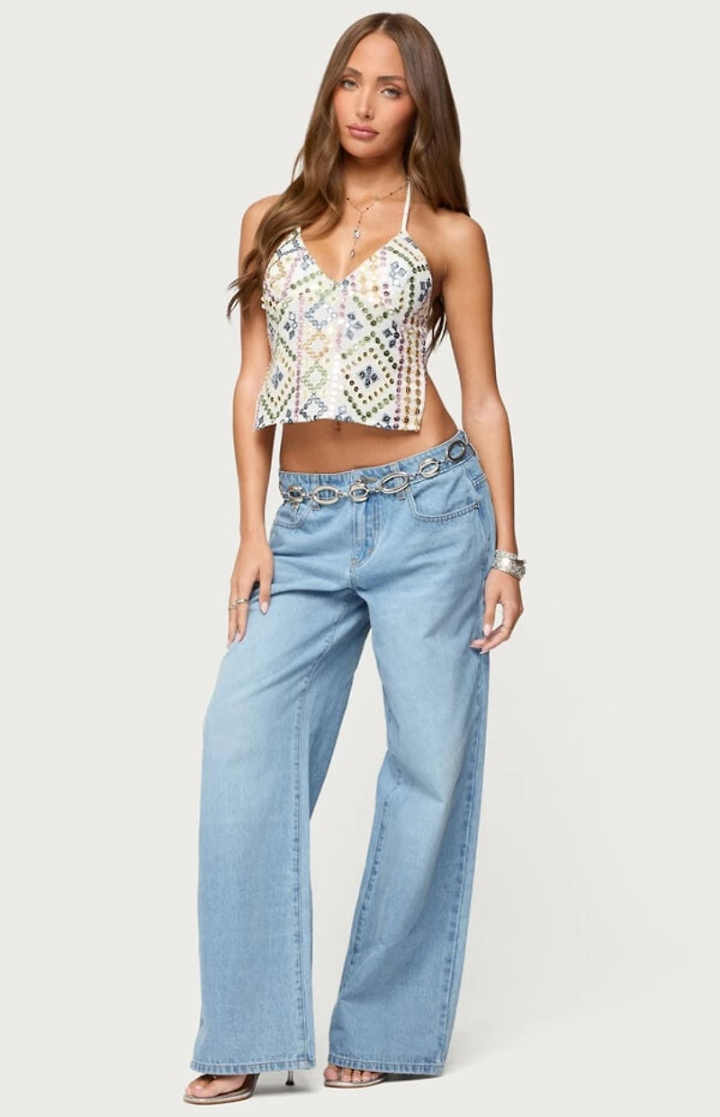 Edikted Mirra Embroidered Flower Low Rise Jeans