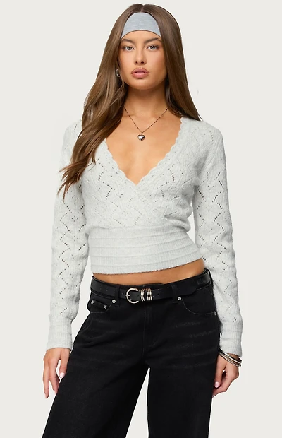 Edikted Janine Pointelle Knit V Neck Top