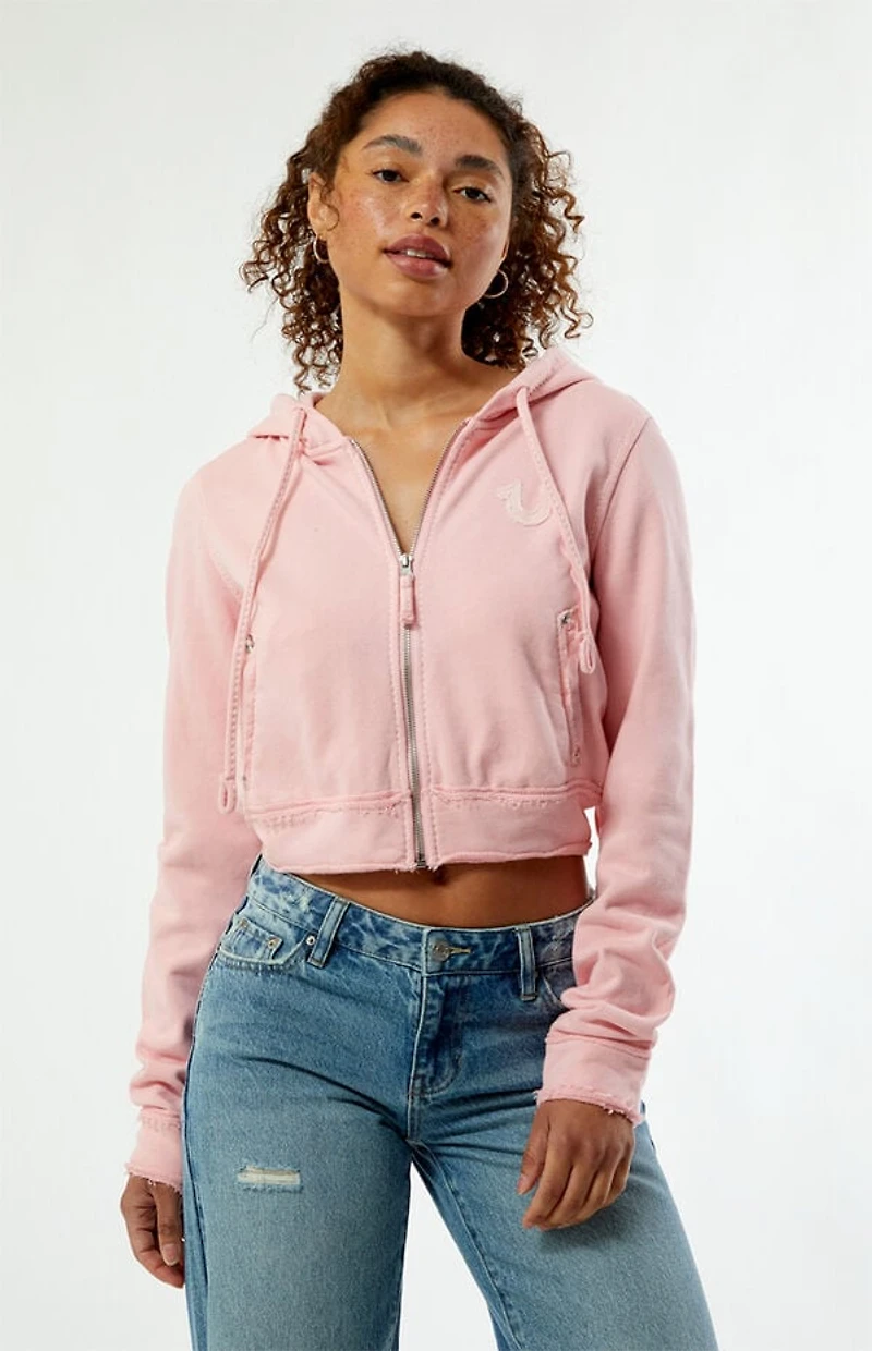 True Religion Raw Edge Big T Shrunken Zip Up Hoodie