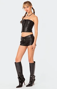 Edikted Wilde Lace Up Faux Leather Shorts