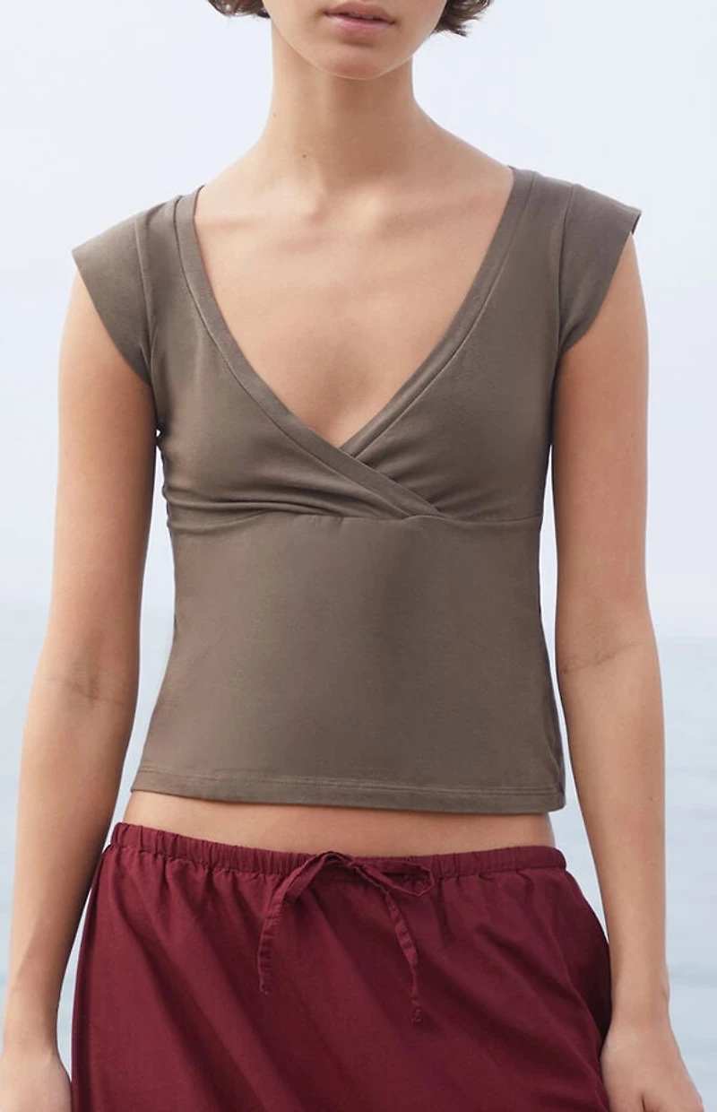 John Galt Brown Amara Surplice Short Sleeve Top