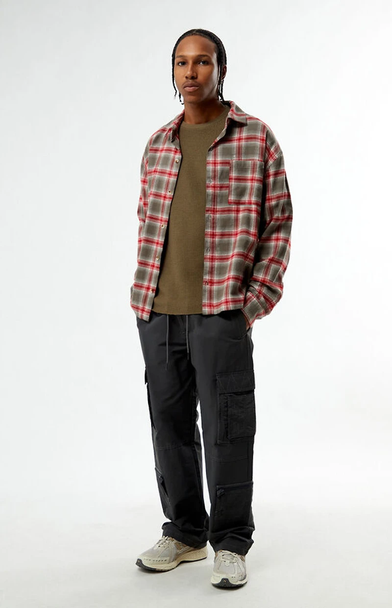 Pacsun Grey & Red Plaid Long Sleeve Flannel Shirt