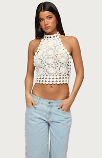 Edikted Backless Crochet High Neck Halter Top