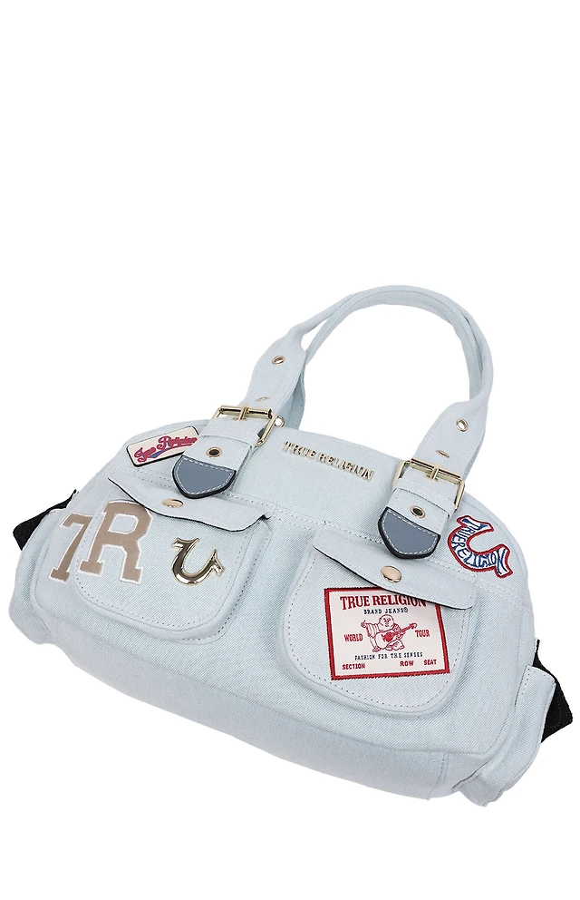 True Religion Light Blue Multi Patch Satchel Bag