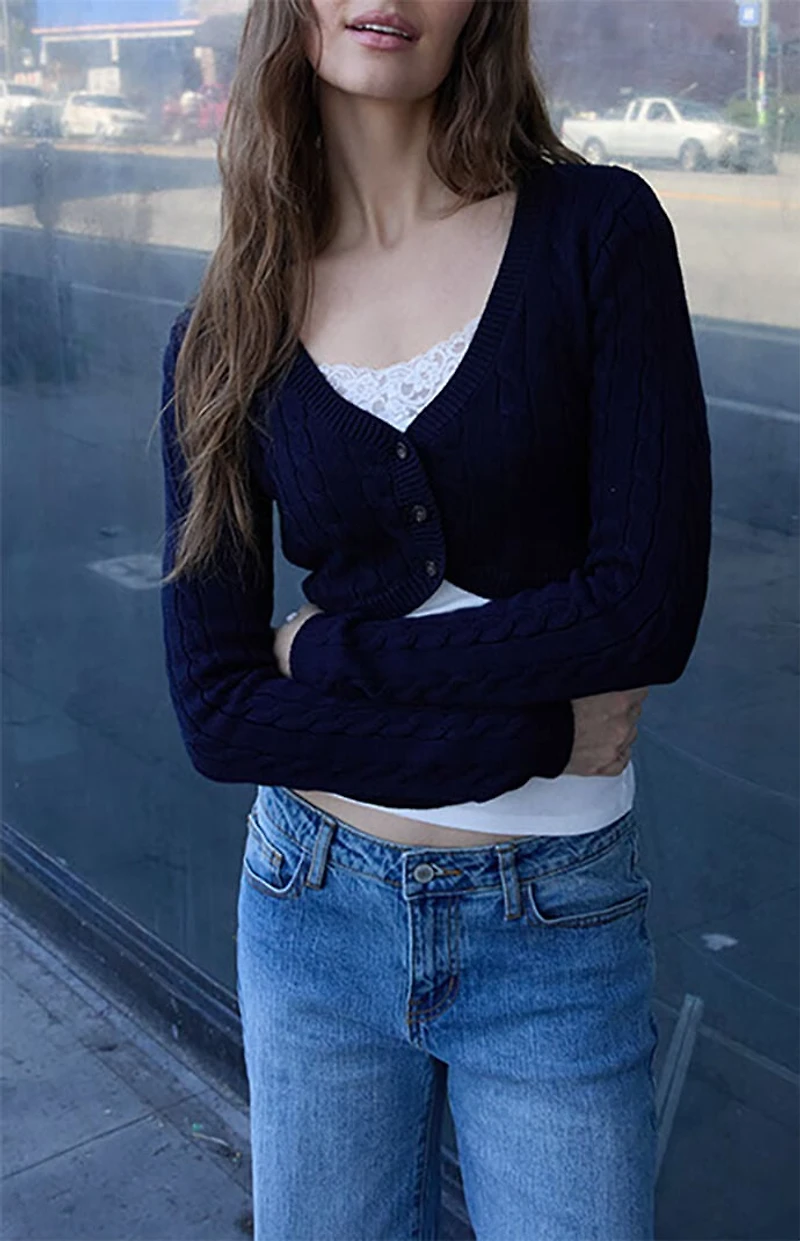 John Galt Blue Cable Knit Cropped Cardigan