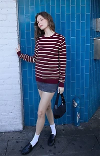 John Galt Burgundy Thin Stripe Crew Neck Sweater