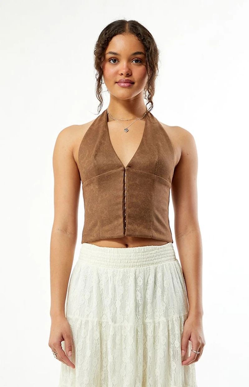 Your Favorite Paisley Faux Suede Hook-And-Eye Halter Top
