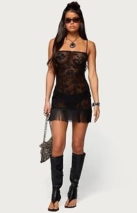 Edikted Sophina Fringed Sheer Lace Mini Dress