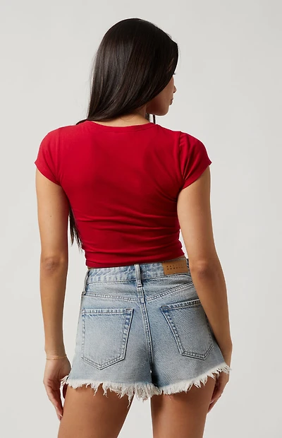 Pacsun Light Indigo Frayed Button Fly High Waisted Denim Festival Shorts