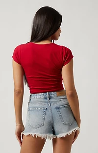 Pacsun Light Indigo Frayed Button Fly High Waisted Denim Festival Shorts