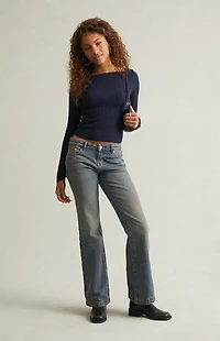 Pacsun Jade Low Rise Bootcut Jeans Button Pocket Dark Blue