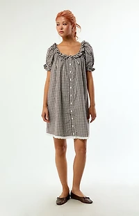 WEWOREWHAT Gingham Puff Sleeve Button Up Mini Dress