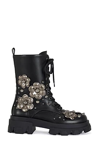AZALEA WANG Women's Orquidea Black 3D Flower Combat Boots
