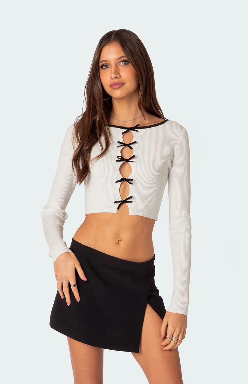 Edikted Billy Bow Cut Out Ribbed Crop Top