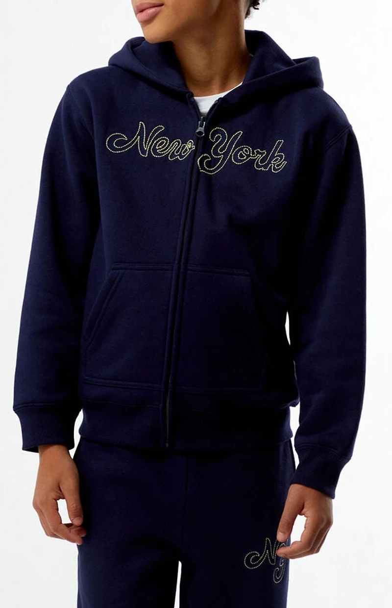 Pacsun Kids Navy New York Embroidered Full Zip Hoodie