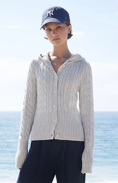 John Galt Light Gray Cable Knit Button Down Hooded Sweater