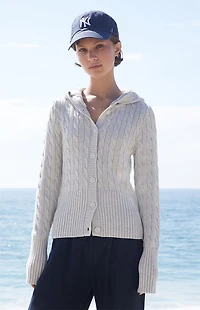 John Galt Light Gray Cable Knit Button Down Hooded Sweater