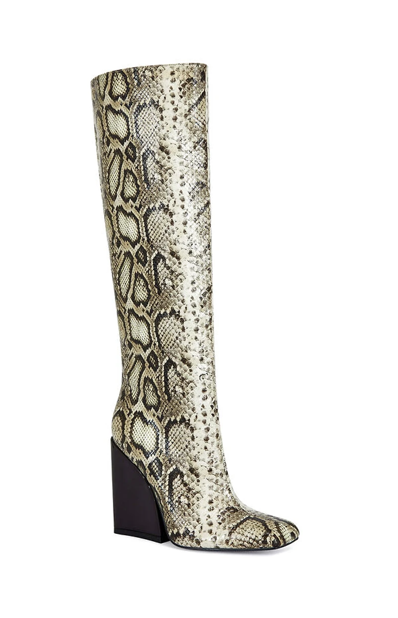 AZALEA WANG Women's Evergreen Snakeskin Block Heel Boots