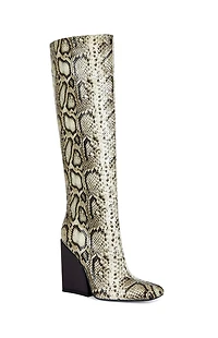AZALEA WANG Women's Evergreen Snakeskin Block Heel Boots