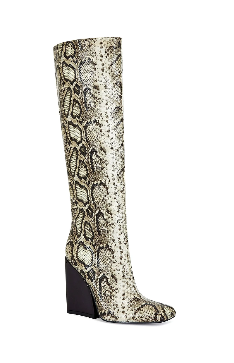 AZALEA WANG Women's Evergreen Snakeskin Block Heel Boots