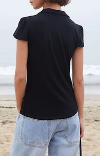 John Galt Black Button Front Collared Top