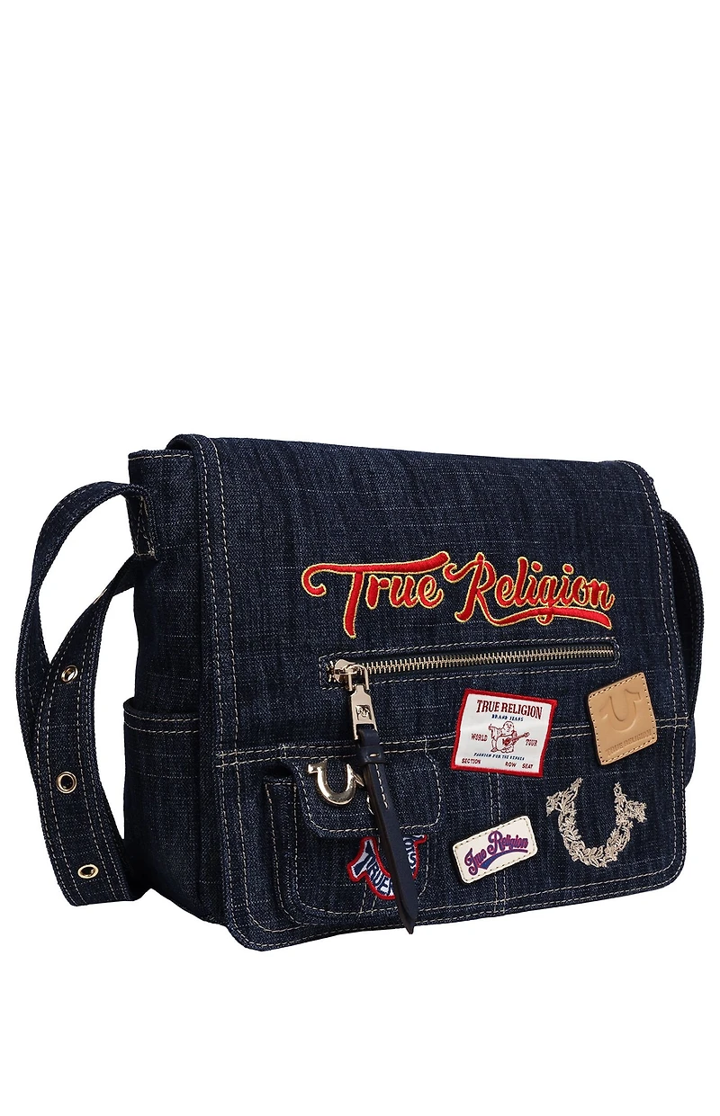True Religion Dark Denim Multi Patch Messenger Bag