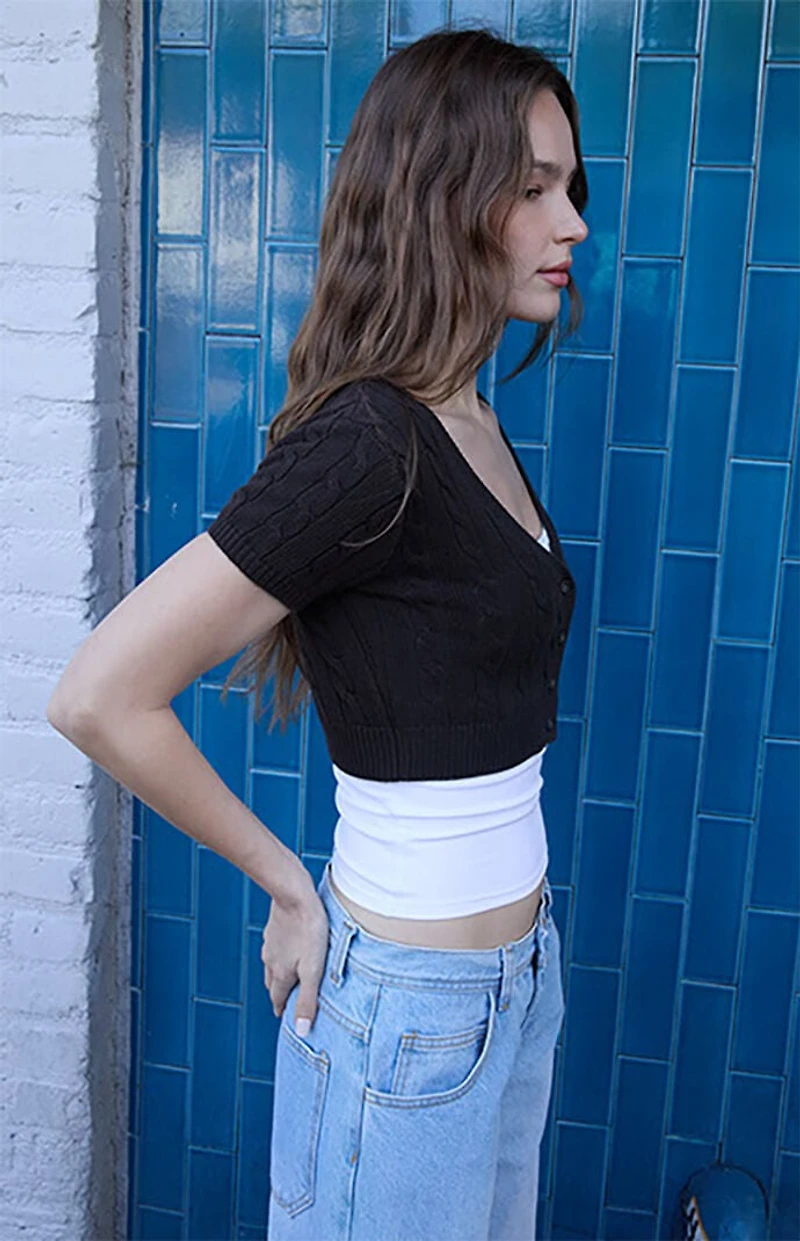 John Galt Brown Cable Knit Short Sleeve Cropped Cardigan