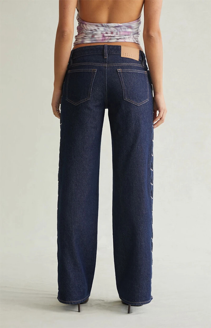 Pacsun Zoe Low Rise Girlfriend Jeans Lace-Up Side Dark Blue