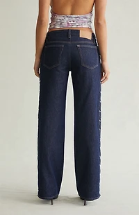 Pacsun Zoe Low Rise Girlfriend Jeans Lace-Up Side Dark Blue
