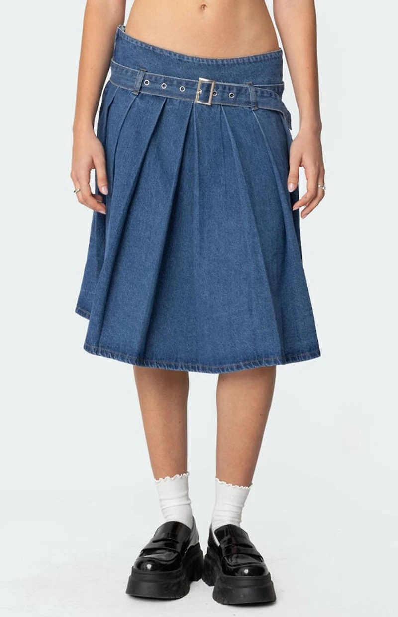 Edikted Belted Pleated Denim Midi Skirt