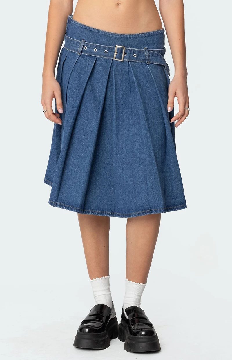 Edikted Belted Pleated Denim Midi Skirt