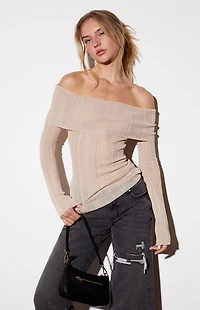 Third Charm Blake Sheer Off-The-Shoulder Sweater