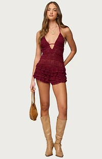 Edikted Lanney Ruffled Sheer Lacey Romper