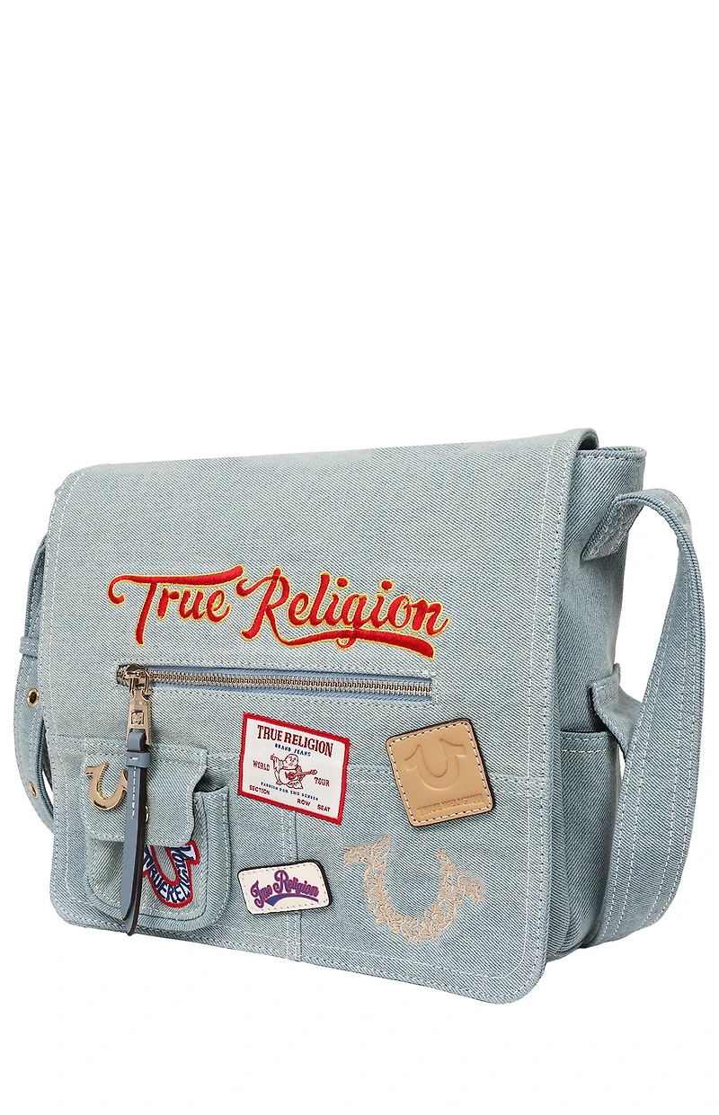 True Religion Blue Denim Multi Patch Messenger Bag