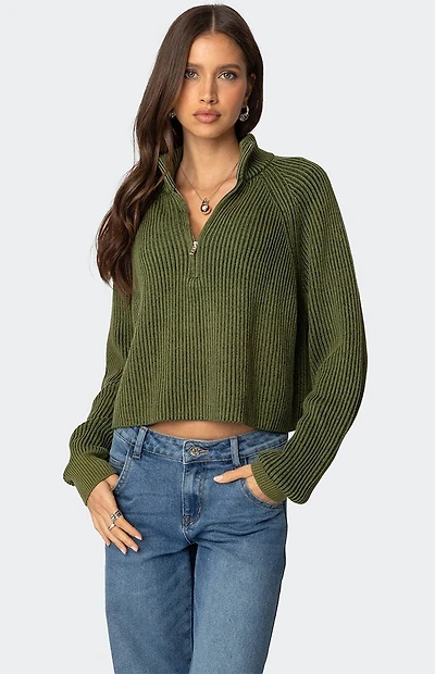 Edikted Cropped Rib Knit Half Zip Sweater