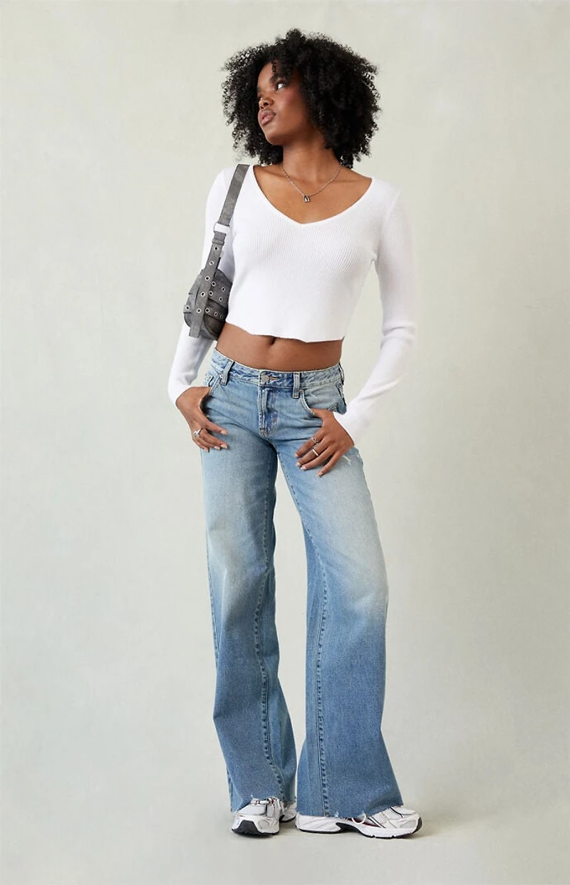 Pacsun Casey Low Rise Baggy Jeans Ripped Raw Cut Medium Blue