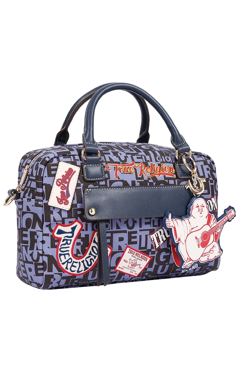 True Religion Navy Multi Patch Graphic Satchel Bag