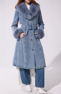 AZALEA WANG Kaya Denim Faux Fur Trench Coat
