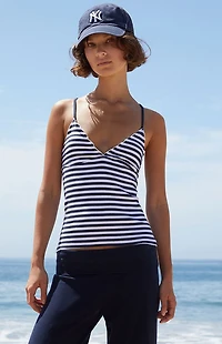 John Galt Blue & White Striped Ribbed Tiffany Lettuce Edge Tank Top