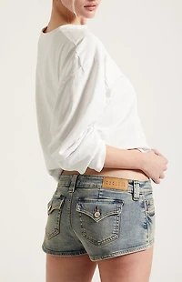 Pacsun Tatum Ultimate Low Rise Jean Micro Shorts Stretch Button Pocket Medium Blue