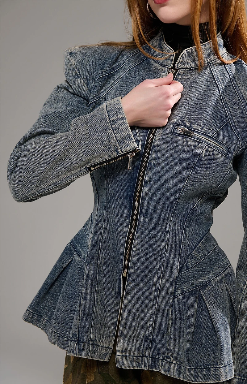 AZALEA WANG Virelle Structured Zip Up Denim Jacket