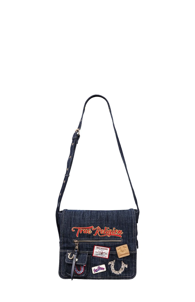 True Religion Dark Denim Multi Patch Messenger Bag