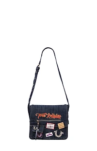 True Religion Dark Denim Multi Patch Messenger Bag