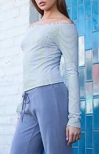 John Galt White & Light Blue Bonnie Long Sleeve Off-The-Shoulder Top