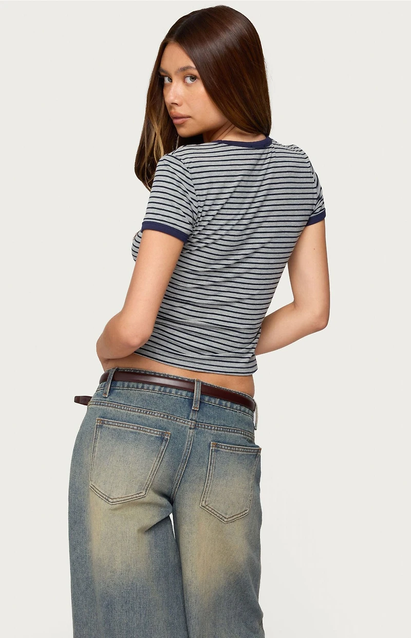 Edikted Fawn Striped V Neck T-Shirt