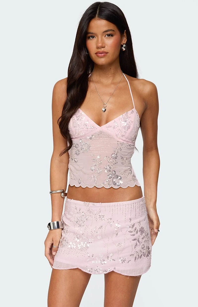 Edikted Nelley Backless Beaded Sequin Chiffon Top